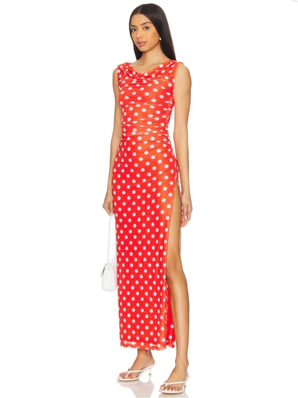 More to Come Red Polka Dot Cowl Neck Maxi Dress with High Side Slit